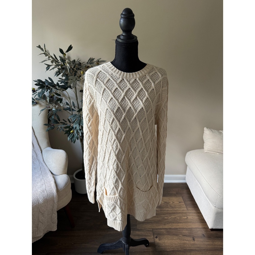 Jeaine Pierre Cream Cotton Diamond Cable Knit Tunic Sweater Pockets Large